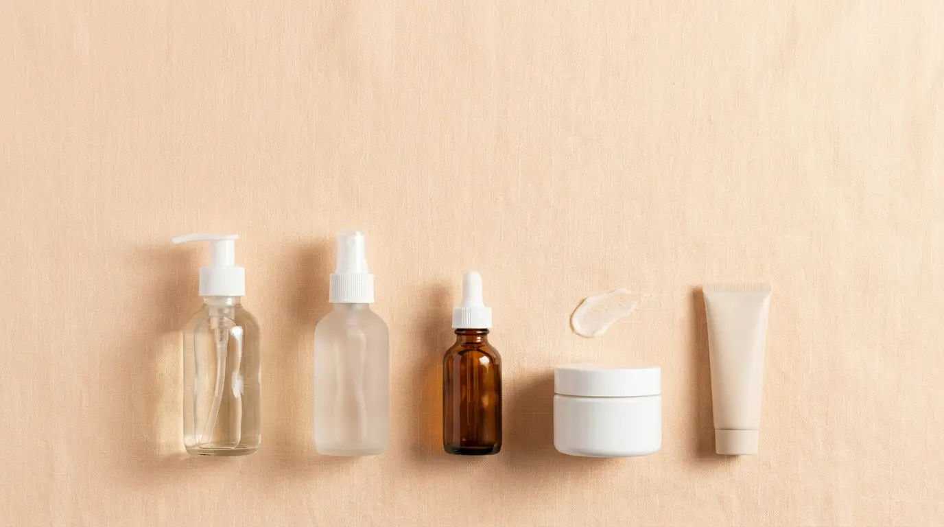 Skincare and colour essentials on a warm tan surface.